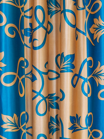 Romee Gold & Blue Floral Patterned Set of 2 Long Door Curtains