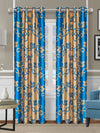 Romee Gold & Blue Floral Patterned Set of 2 Long Door Curtains