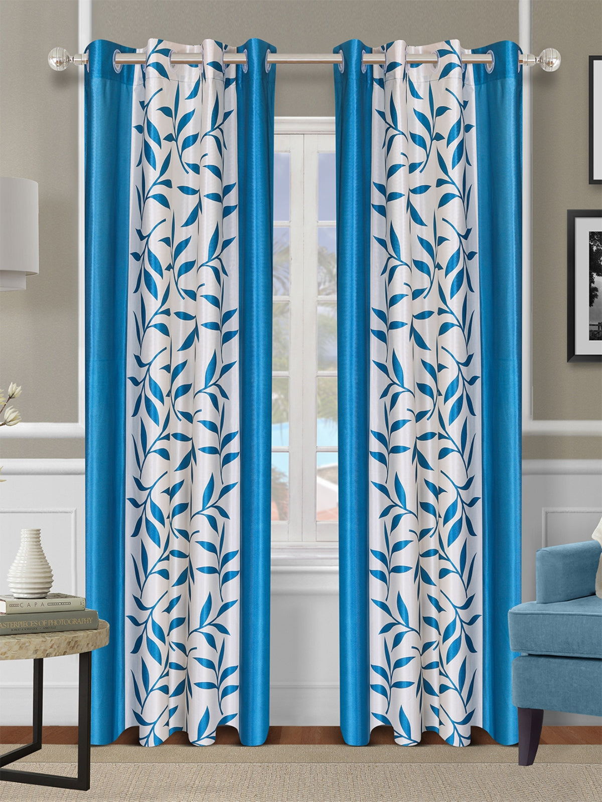 Romee Blue & White Leafy Patterned Set of 2 Long Door Curtains
