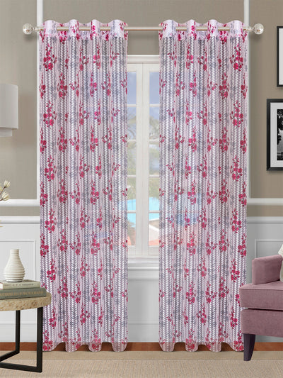 Romee Maroon & Grey Floral Patterned Set of 2 Long Door Curtains