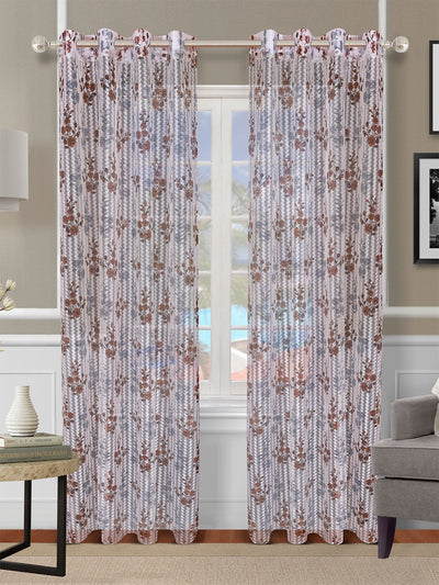 Romee Brown & Grey Floral Patterned Set of 2 Long Door Curtains