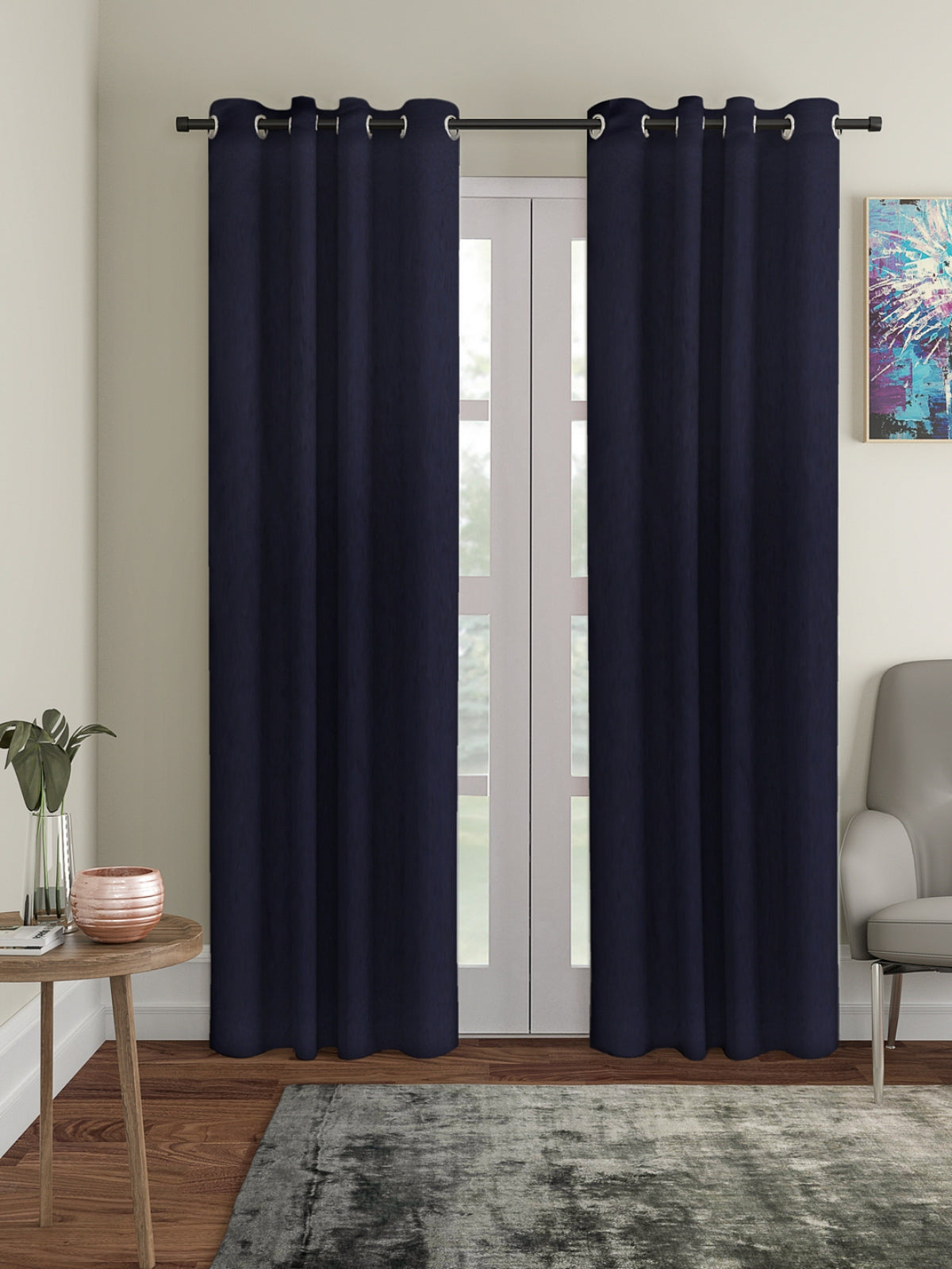 Romee Navy Blue Solid Patterned Set of 2 Door Curtains