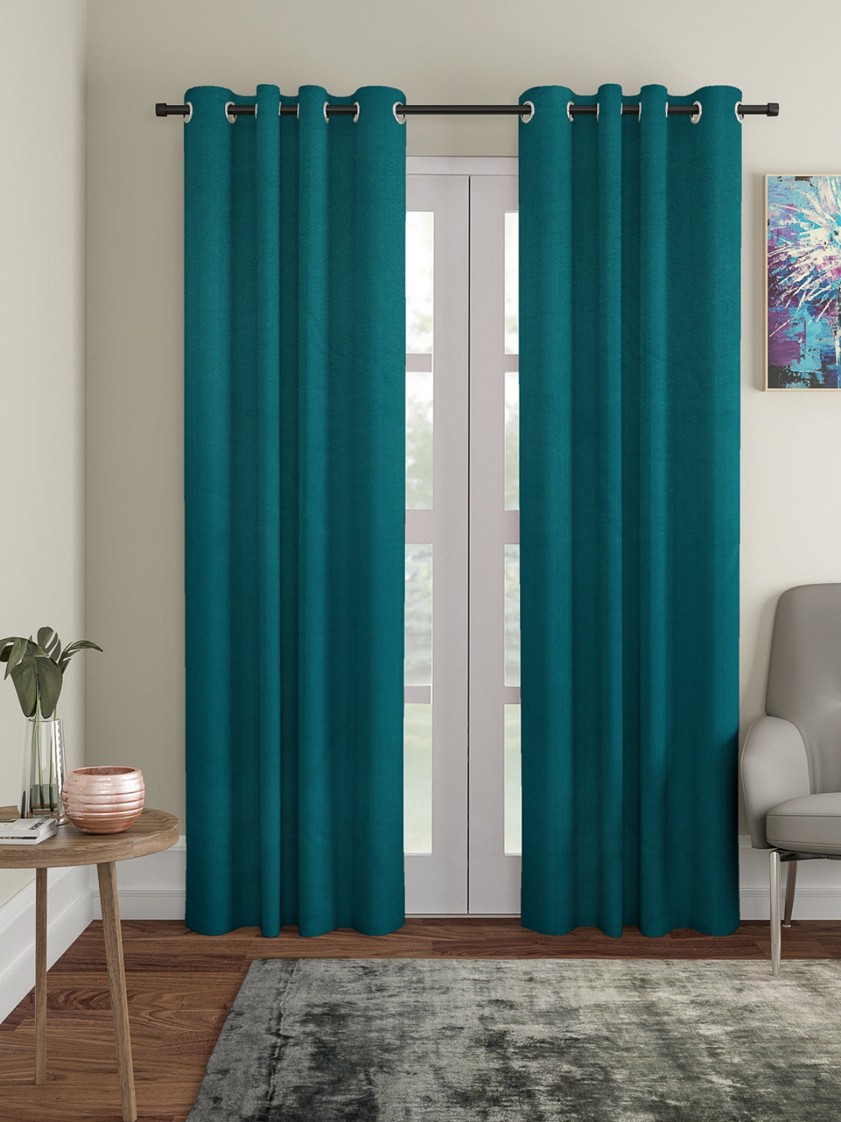 Romee Turquoise Solid Patterned Set of 2 Door Curtains
