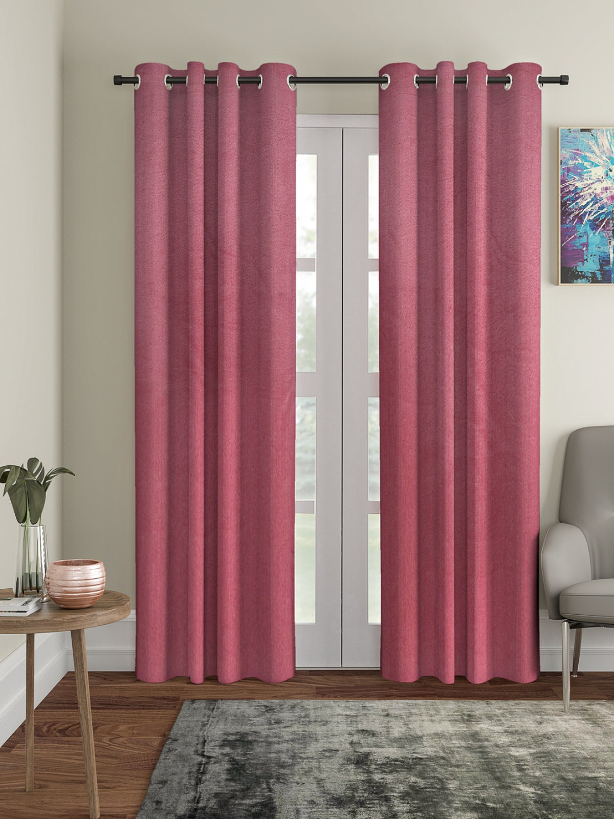 Romee Pink Solid Patterned Set of 2 Door Curtains