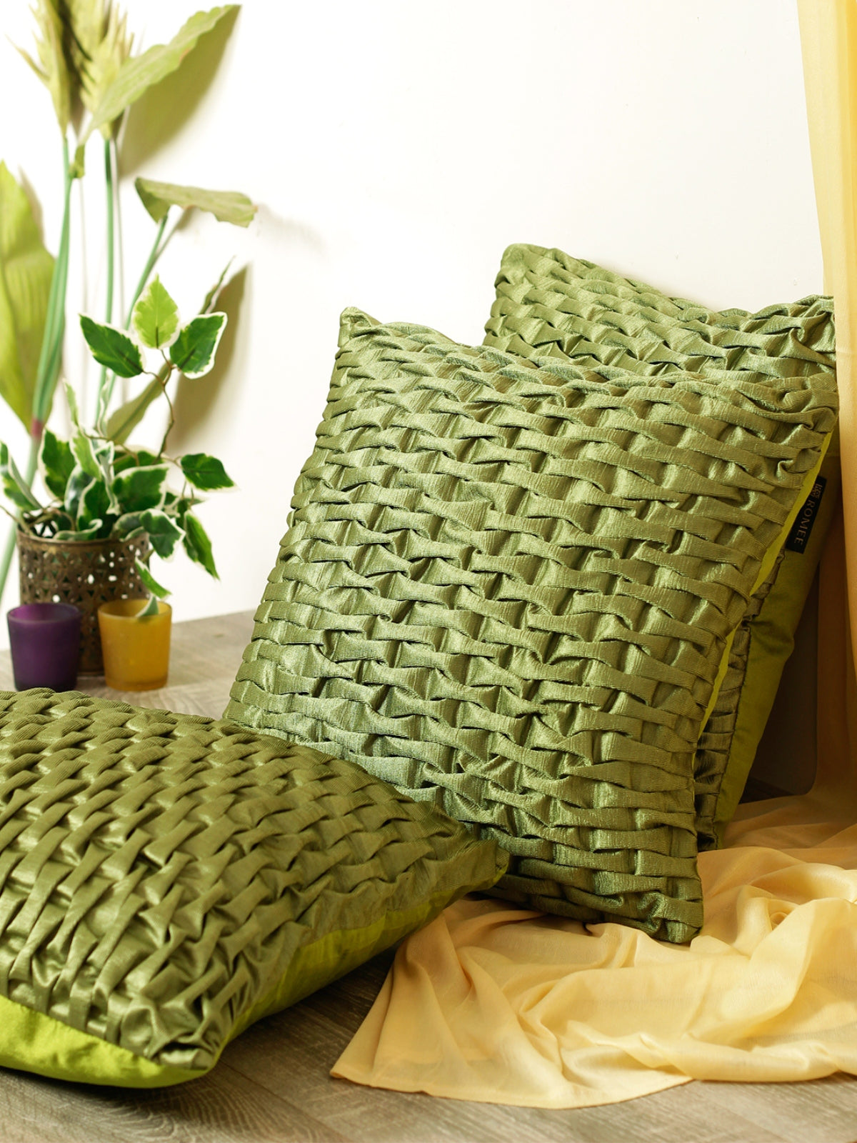 Soft Polyester Chenille Designer Plain Cushion Covers 16 inch x 16 inch Set of 3 - Green