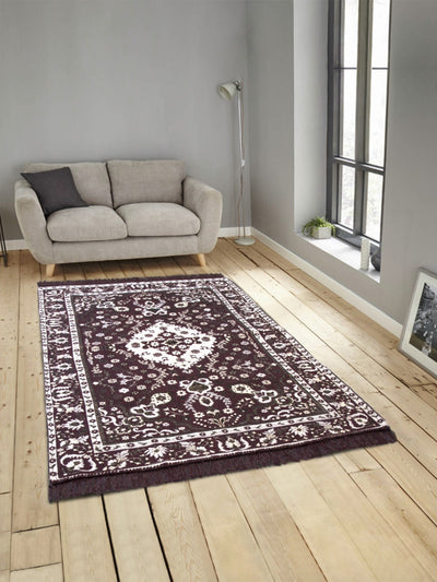 Brown & Beige 3.5 ft x 5 ft Floral Patterned Carpet Dhurrie
