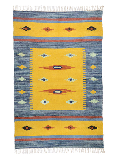 Blue & Yellow 4 ft x 6 ft Ethnic Motifs Patterned Dhurrie