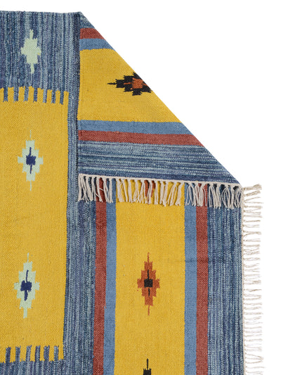 Blue & Yellow 4 ft x 6 ft Ethnic Motifs Patterned Dhurrie