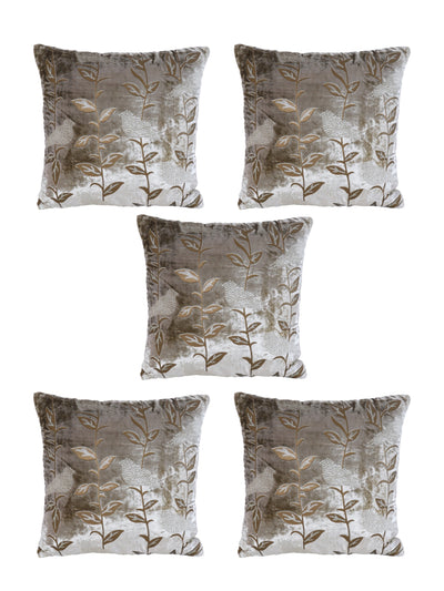 Velvet Leaf Designer Cushion Cover 16x16 Inche, Set of 5 - Silver