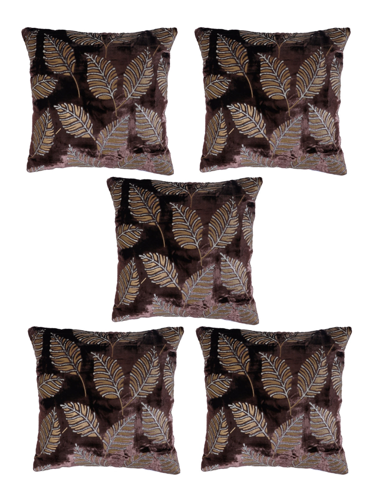 Velvet Leaf Designer Cushion Cover 16x16 Inche, Set of 5 - Coffee Brown