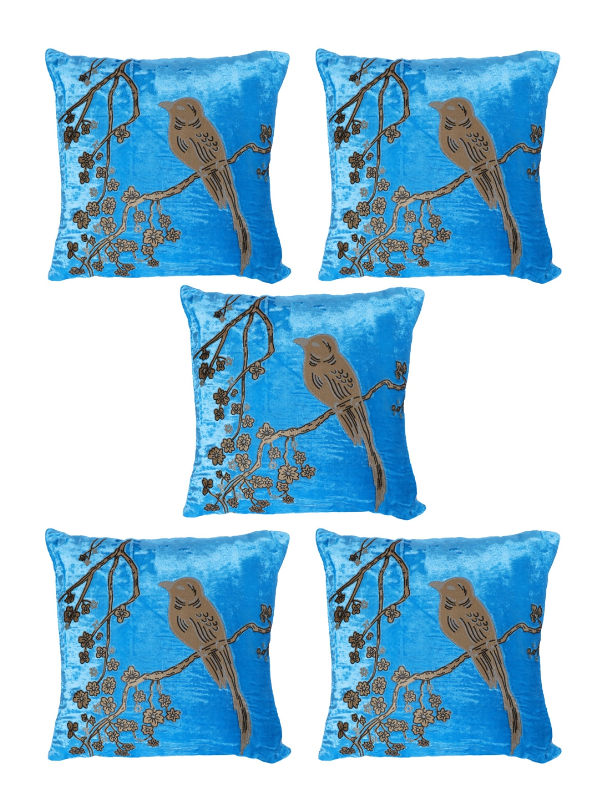 Velvet Floral & Bird Designer Cushion Cover 16x16 Inche, Set of 5 - Turquoise Blue