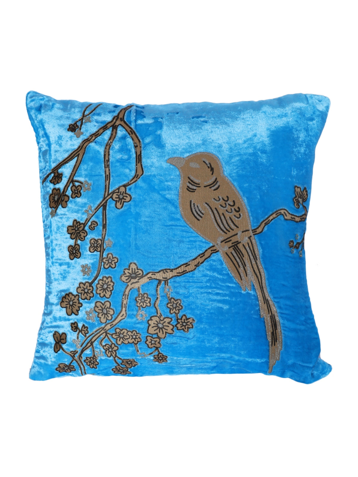 Velvet Floral & Bird Designer Cushion Cover 16x16 Inche, Set of 5 - Turquoise Blue