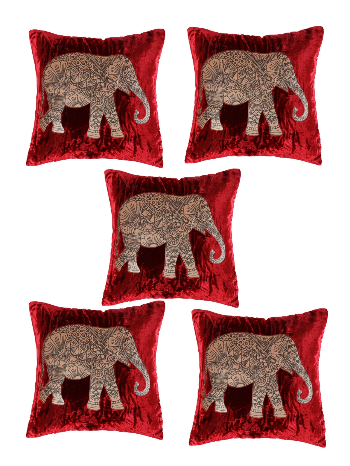 Maroon Set of 5 Elephant Printed Velvet Square Cushion Covers