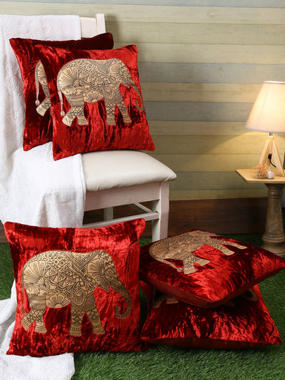Maroon Set of 5 Elephant Printed Velvet Square Cushion Covers
