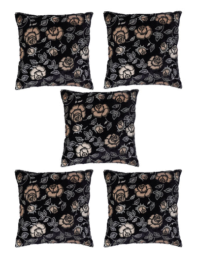 Velvet Floral Designer Cushion Cover 16x16 Inche, Set of 5 - Black