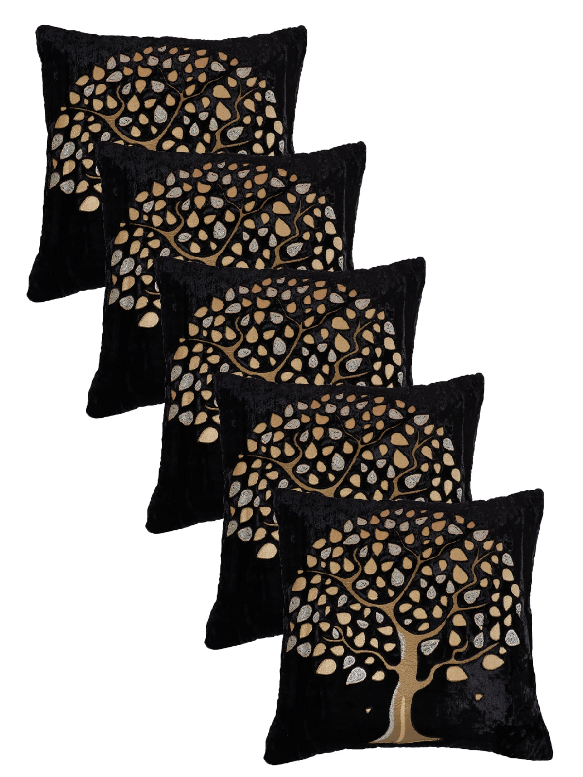 Velvet Tree Designer Cushion Cover 16x16 Inche, Set of 5 - Black