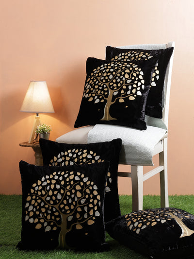 Velvet Tree Designer Cushion Cover 16x16 Inche, Set of 5 - Black