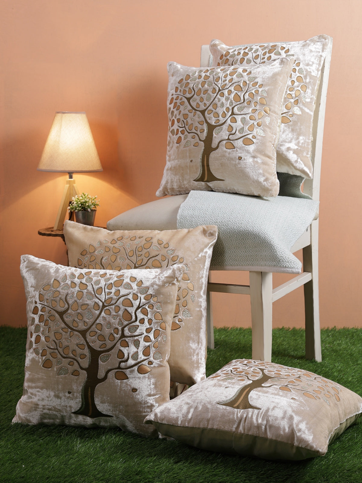 Velvet Tree Designer Cushion Cover 16x16 Inche, Set of 5 - Beige