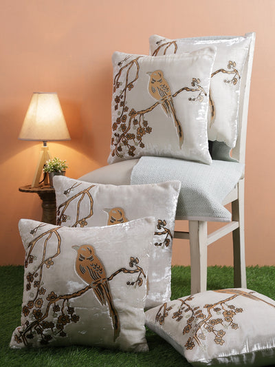 Velvet Bird Designer Cushion Cover 16x16 Inche, Set of 5 - White