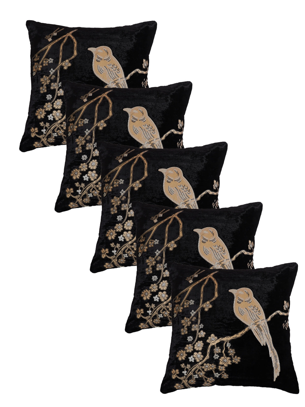 Velvet Bird Designer Cushion Cover 16x16 Inche, Set of 5 - Black