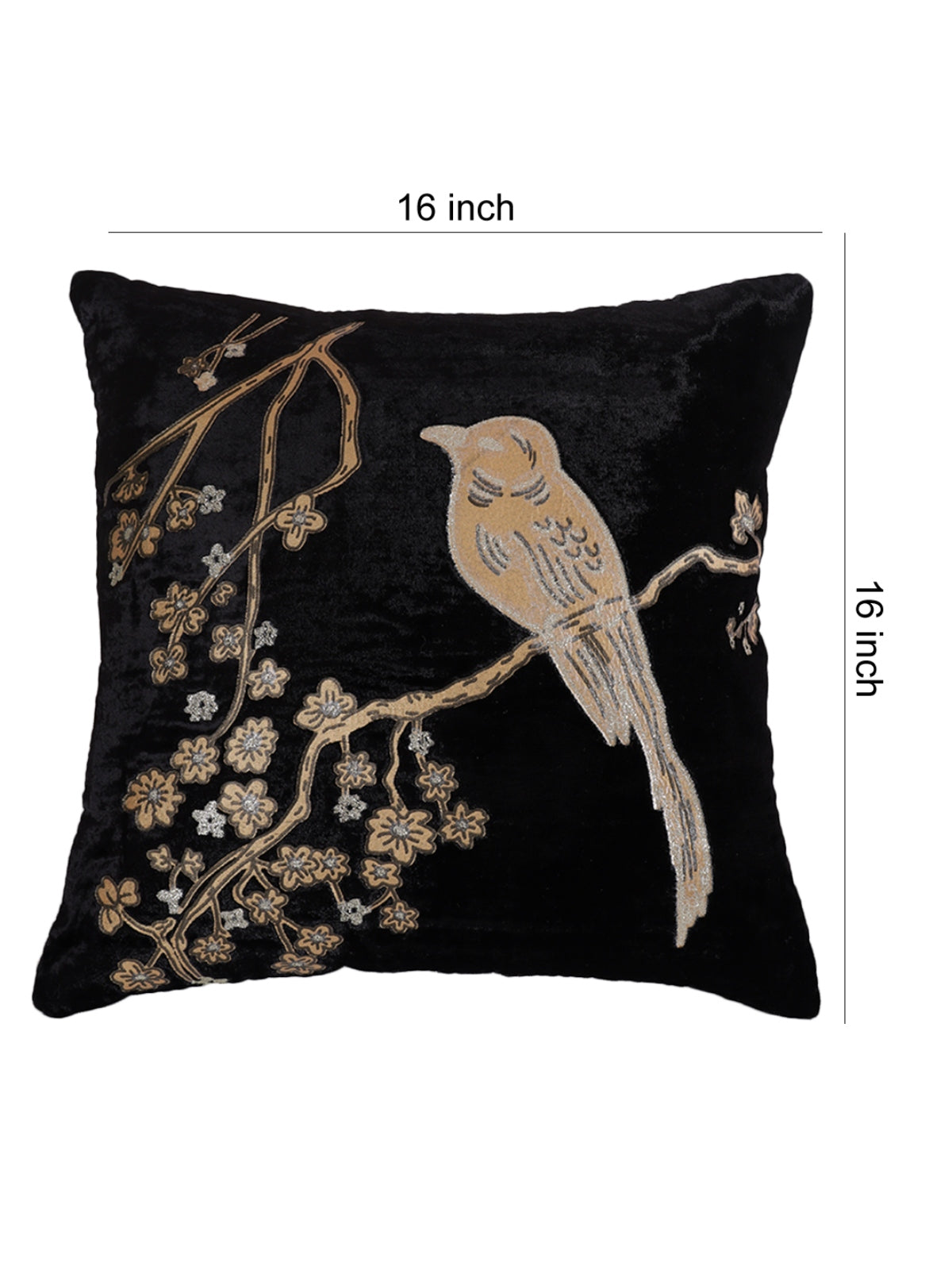 Velvet Bird Designer Cushion Cover 16x16 Inche, Set of 5 - Black