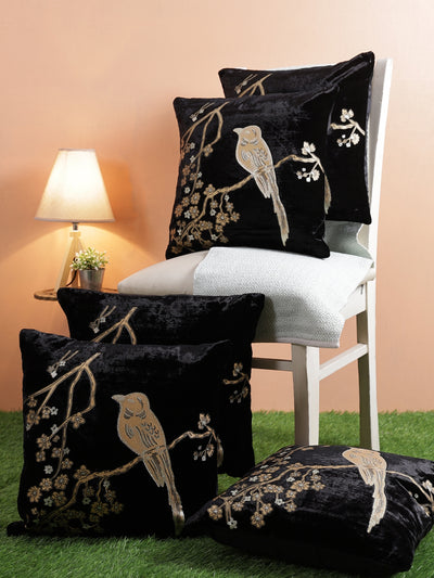 Velvet Bird Designer Cushion Cover 16x16 Inche, Set of 5 - Black