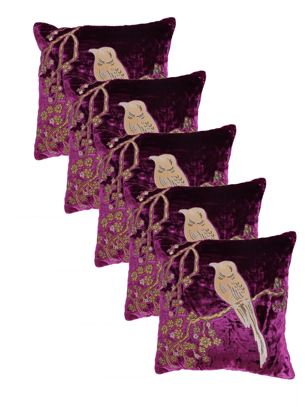 Velvet Bird Designer Cushion Cover 16x16 Inche, Set of 5 - Purple