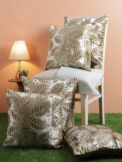 Velvet Leaf Designer Cushion Cover 16x16 Inche, Set of 5 - Beige