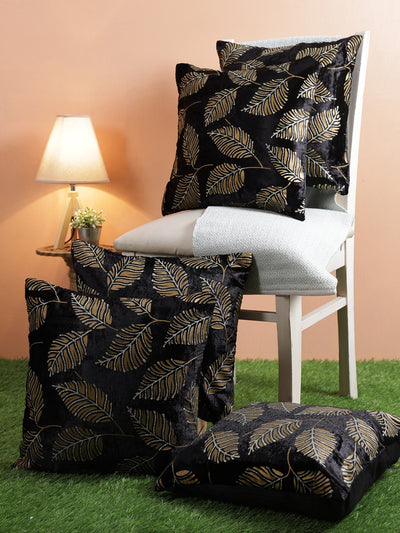 Velvet Leaf Designer Cushion Cover 16x16 Inche, Set of 5 - Black