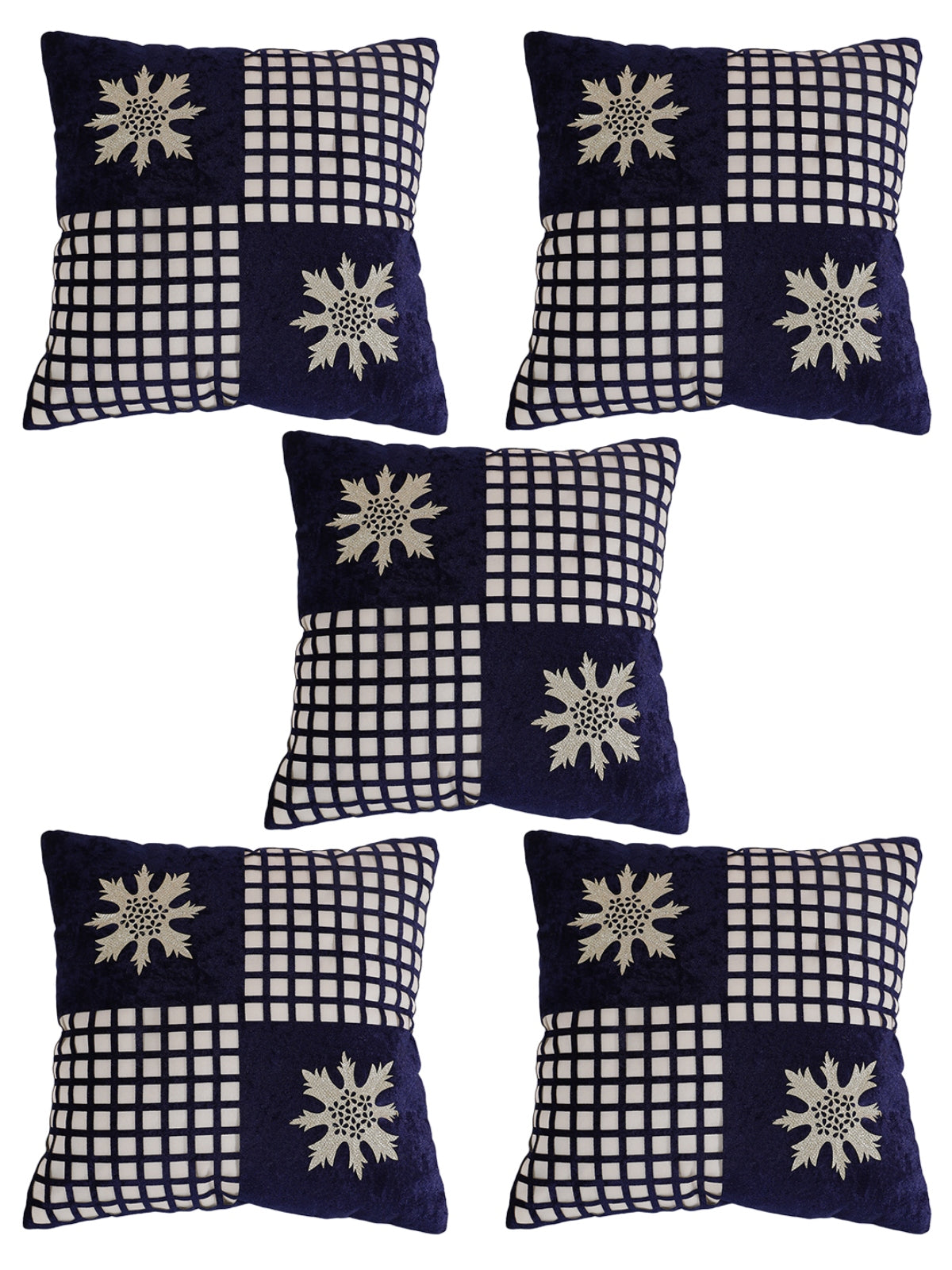 Navy Blue & White Set of 5 Velvet 16 Inch x 16 Inch Cushion Covers
