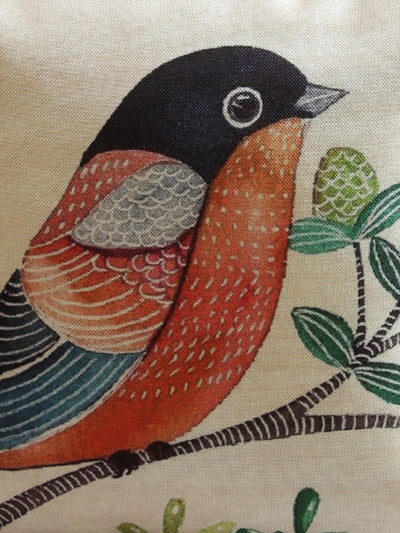 Bird Printed Jute Cushion Cover 16x16 Inch, Set of 5 - Beige