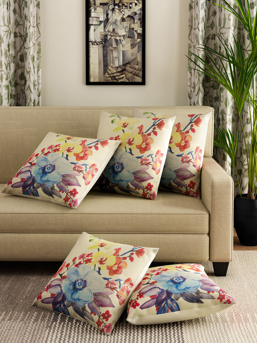 Multicolour Set of 3 Floral Printed Jute Polyester Square Cushion Covers