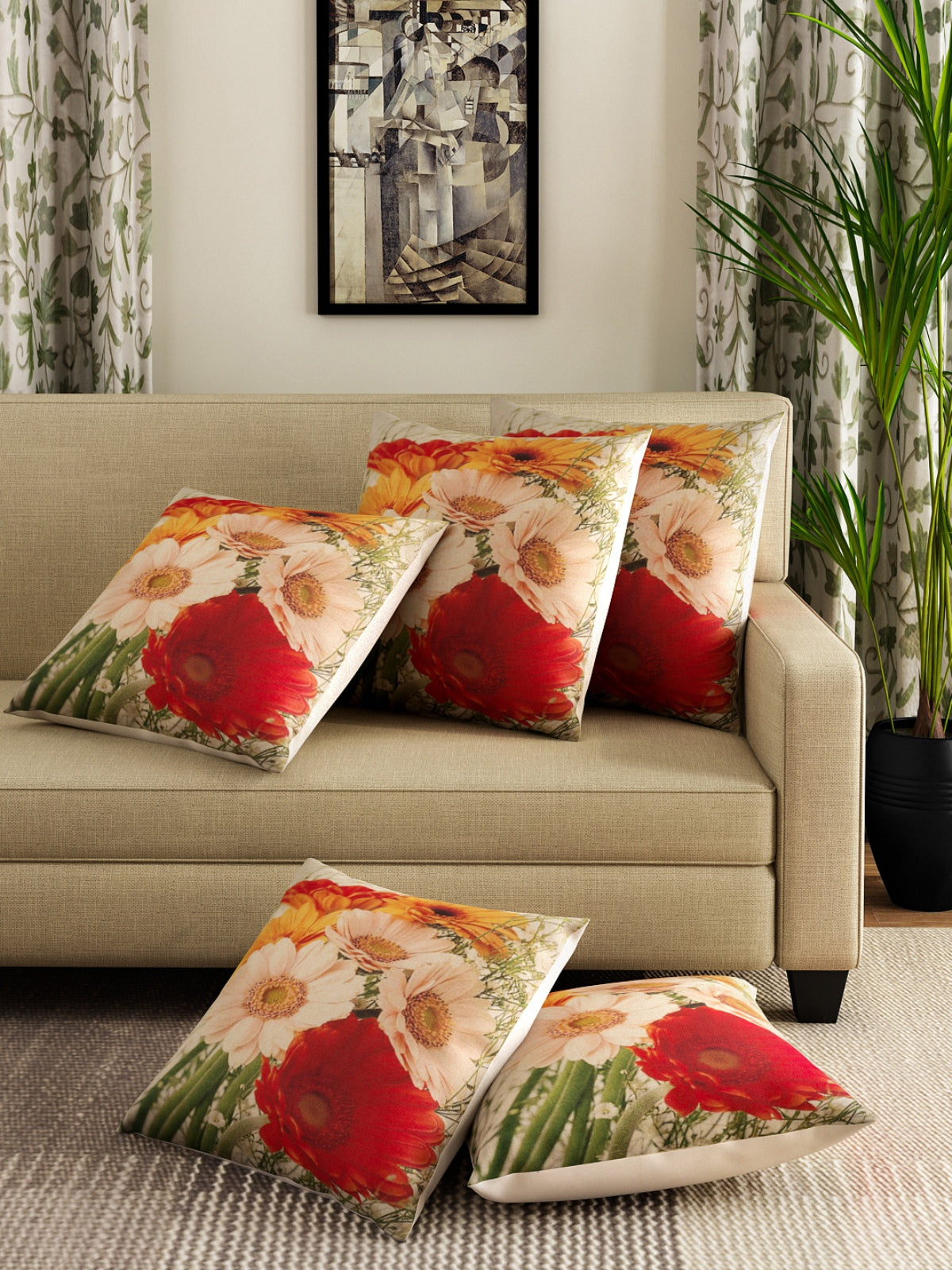 Soft Jute Floral Print Throw Pillow/Cushion Covers 16x16, Set of 5 - Multicolor
