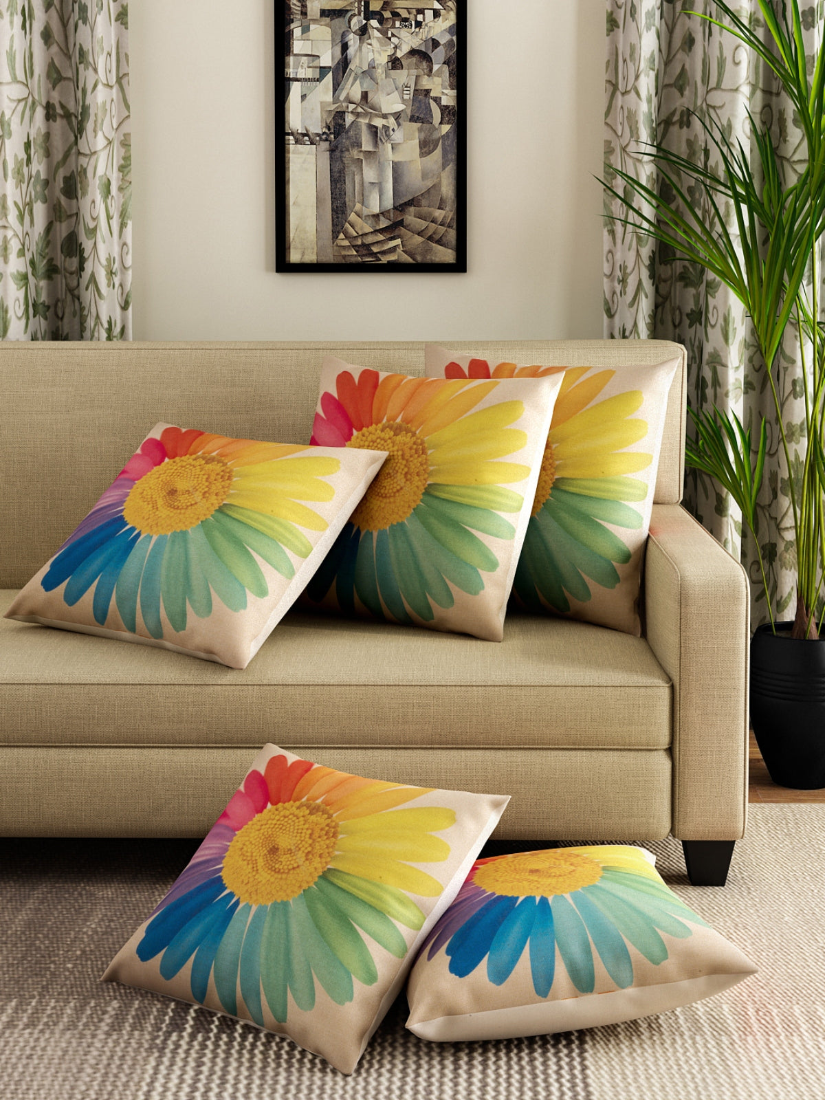 Soft Jute California Floral Printed Cushion Covers 16x16, Set of 5 - Multicolor