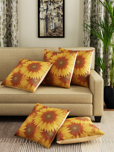Yellow & Maroon Set of 3 Floral Printed Jute Polyester Square Cushion Covers