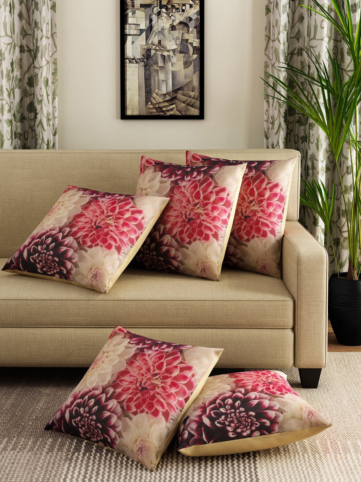 Soft Jute Floral Print Throw Pillow/Cushion Covers 40cm x 40cm Set of 5 - Multicolor