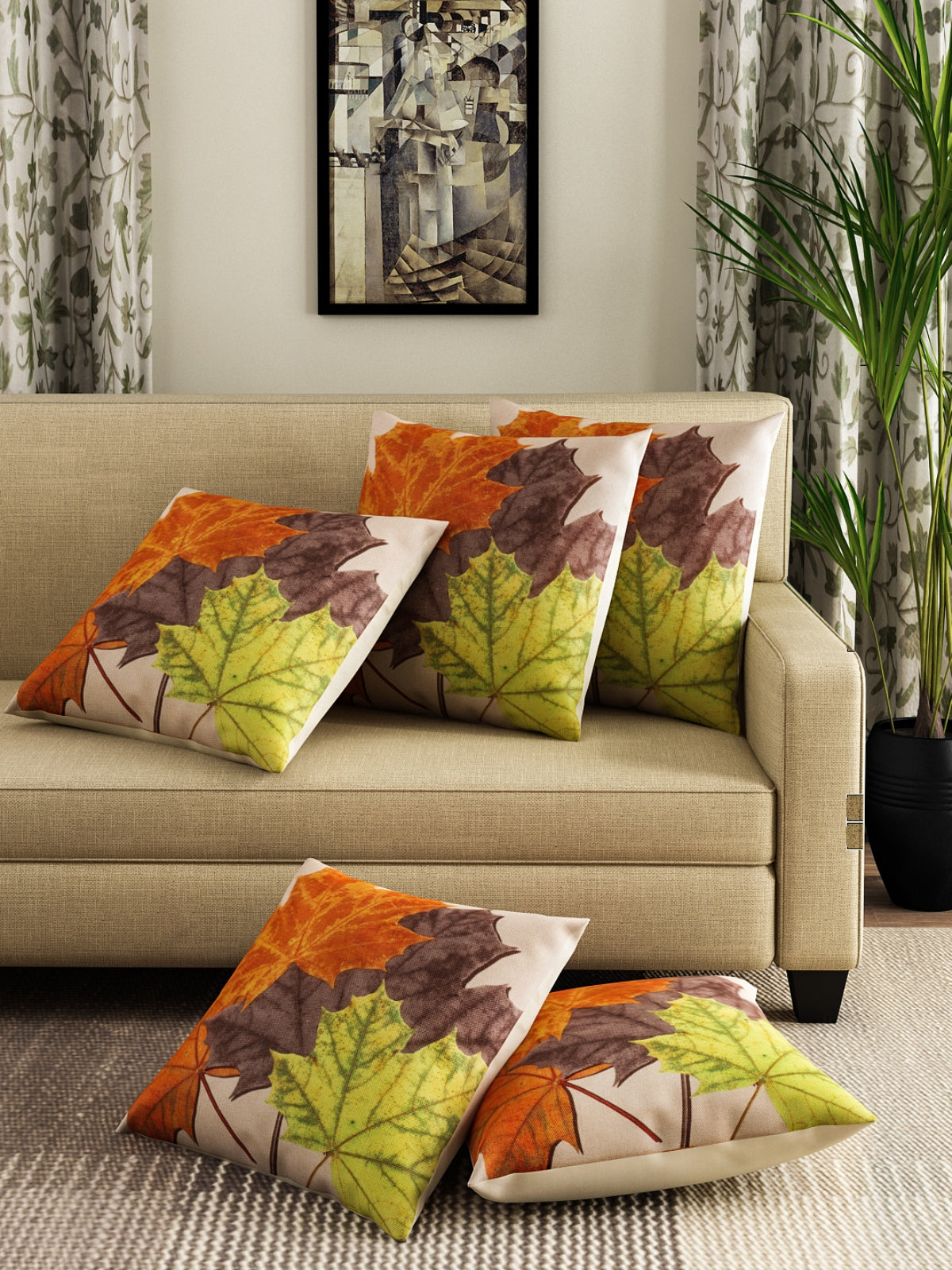 Maple Leaves Printed Floral 5 Piece Polyester Cushion Cover Set - 16" x 16", Multicolour