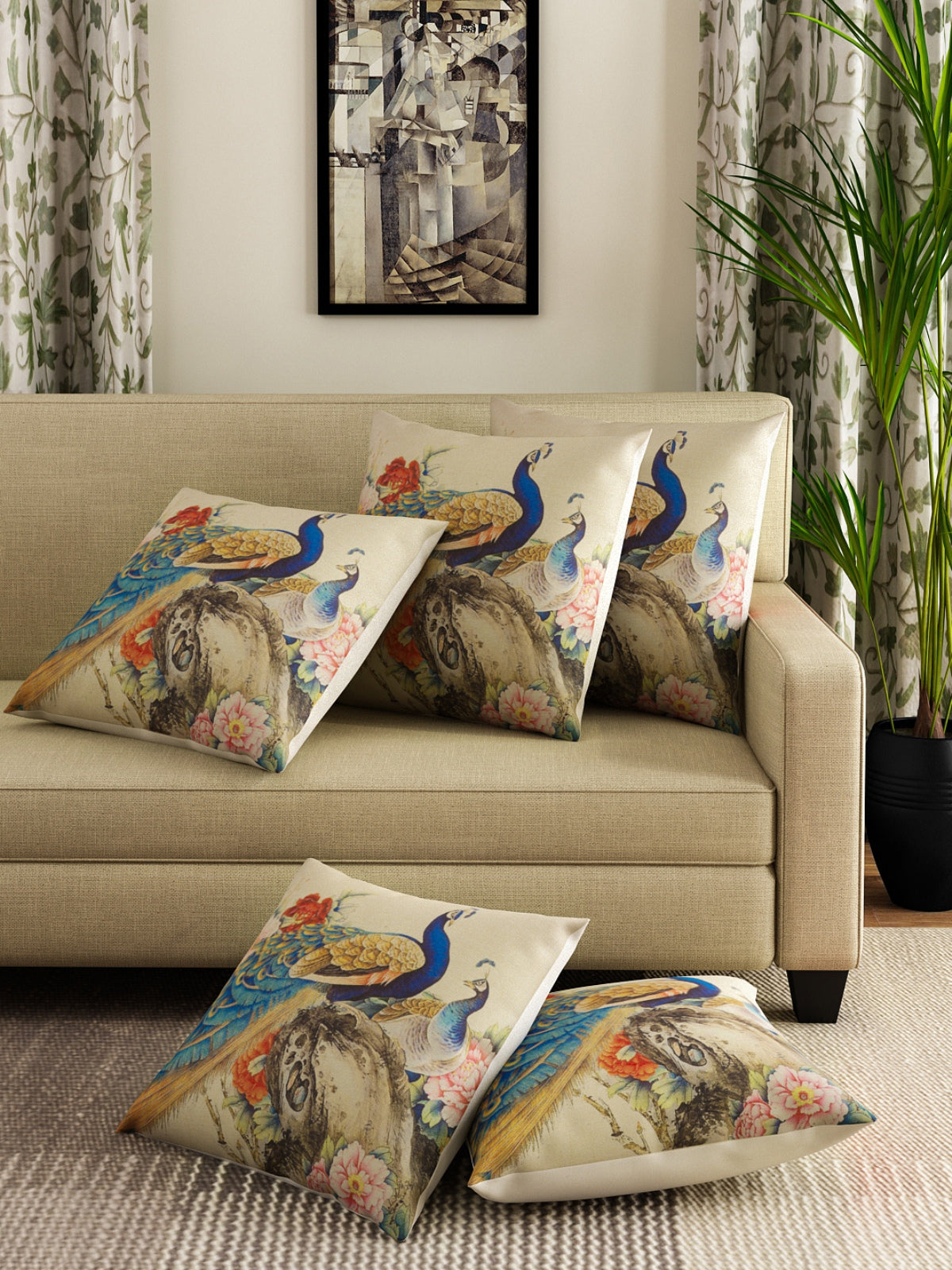 Soft Jute Peacock Print Throw Pillow/Cushion Covers 16x16 inch Set of 5 - Multicolor