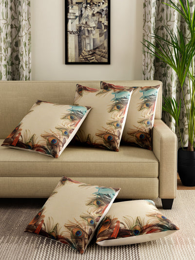 Polyester Jute Peacock Feather Printed Cushion Covers 16x16 Set of 5 - Multicolor