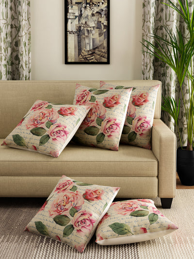 Beige & Pink Set of 3 Floral Printed Jute Polyester Square Cushion Covers