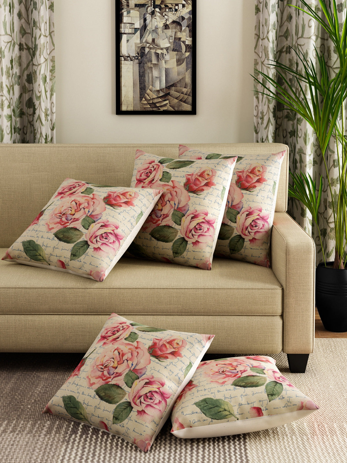 Soft Jute Rose Floral Print Throw Pillow/Cushion Covers 40cm x 40cm, Set of 5 - Multicolor