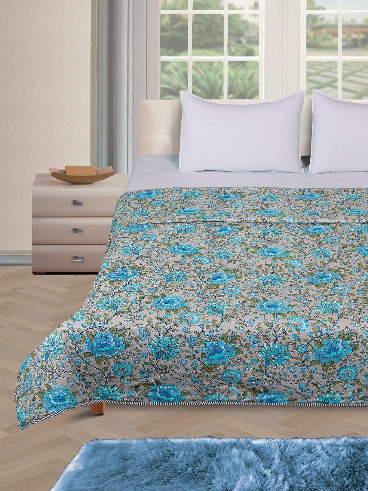 Grey & Turquoise AC Room 300 GSM Double Bed Dohar
