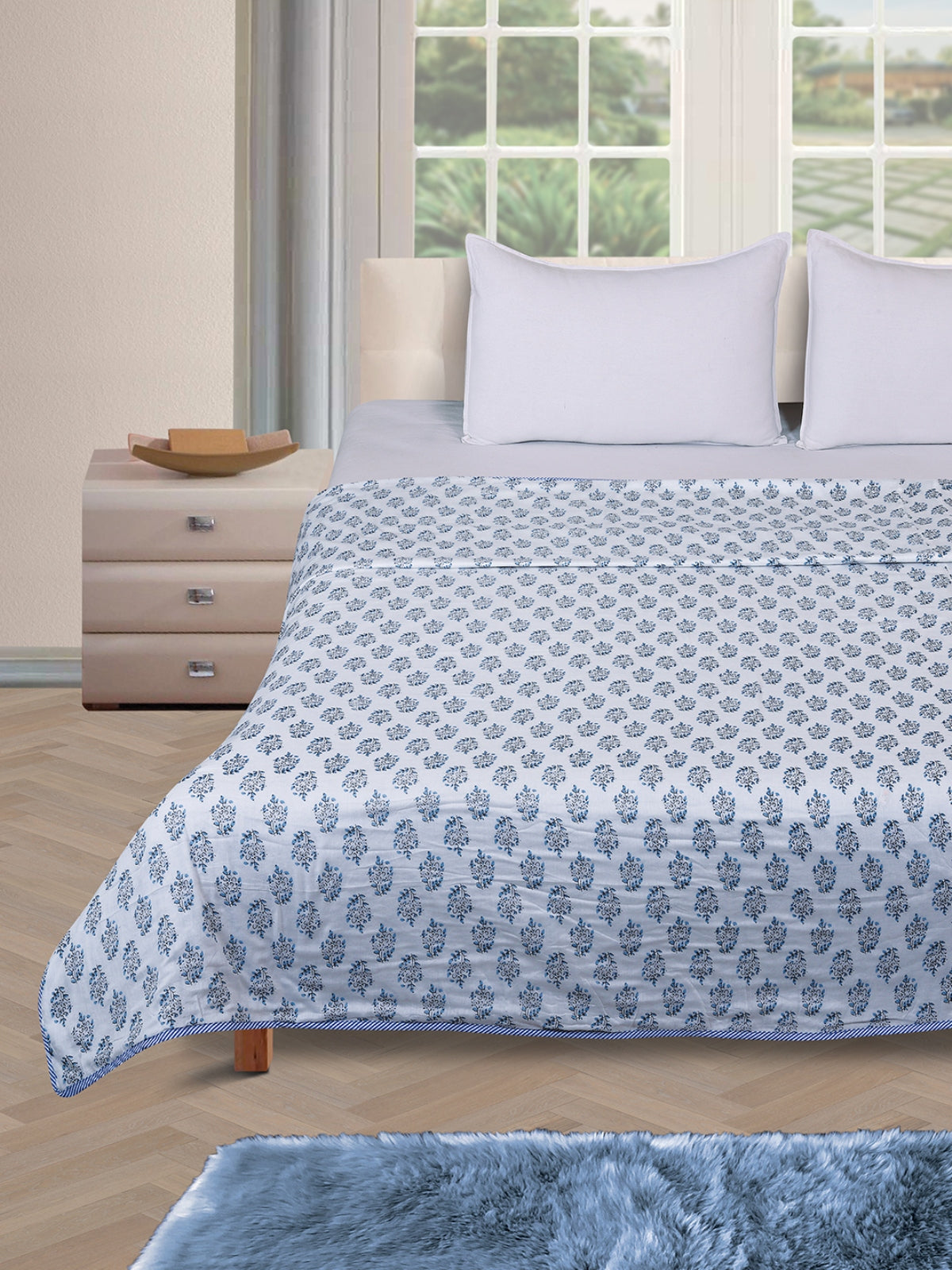 Off White & Blue, Leafy AC Room 300 GSM Double Bed Dohar