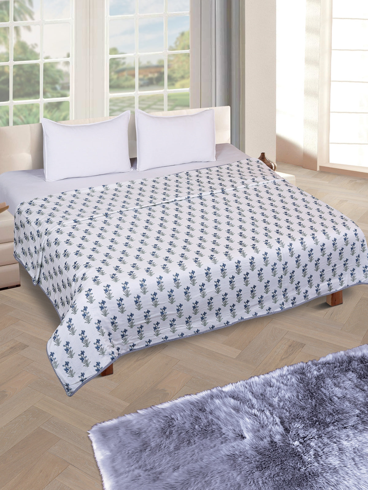 Off White & Blue, Floral AC Room 300 GSM Double Bed Dohar