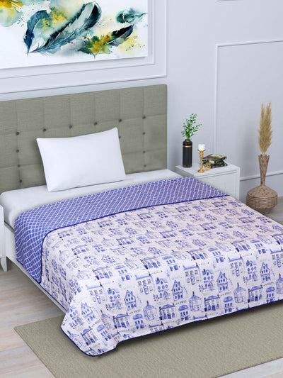 White & Blue Printed Patterned 300 GSM Single Bed Dohar
