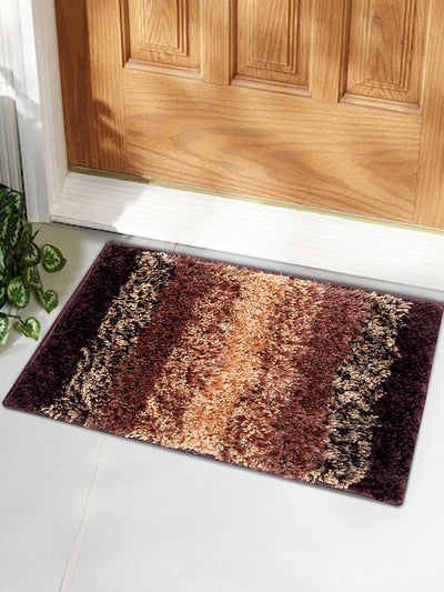 Brown & Beige Striped Shaggy Anti-Skid Doormat