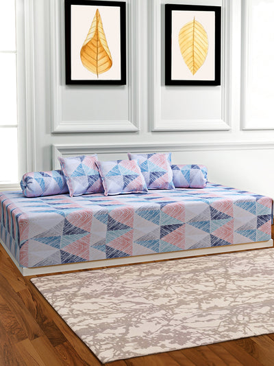 Geometric Printed Cotton Diwan Set with Bolster and Cushion Covers - Blue