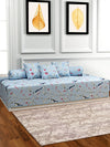 Floral Printed Cotton Diwan Set with Bolster and Cushion Covers - Blue