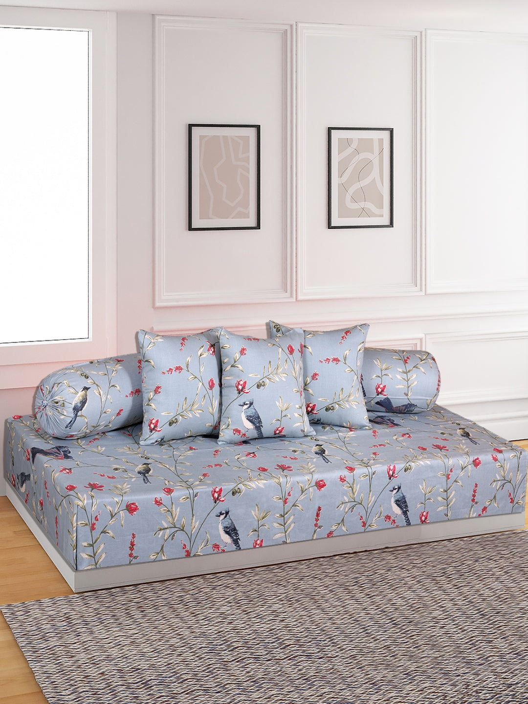 Floral Printed Cotton Diwan Set with Bolster and Cushion Covers - Grey
