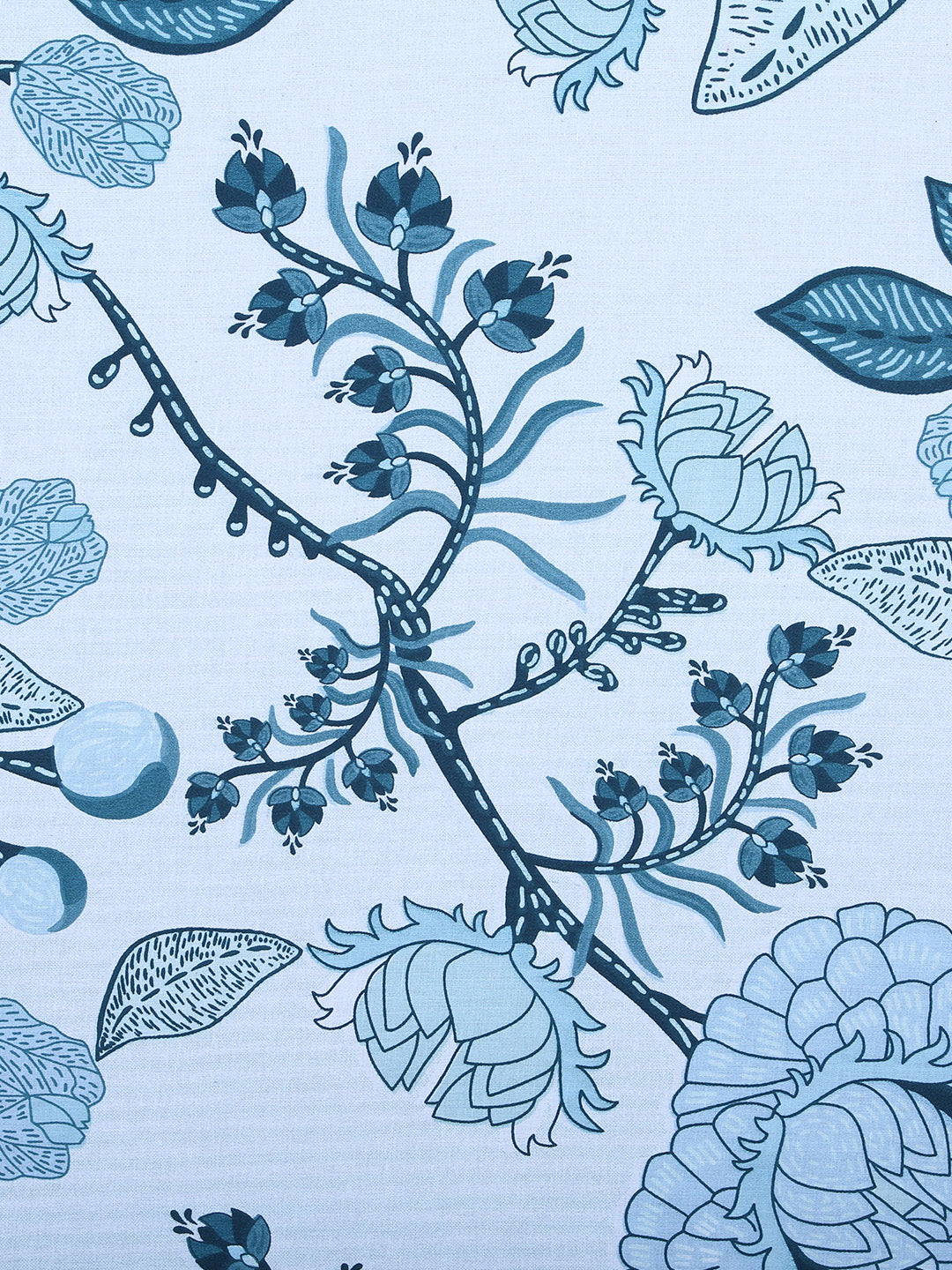 Floral Printed Cotton Diwan Set with Bolster and Cushion Covers - Blue